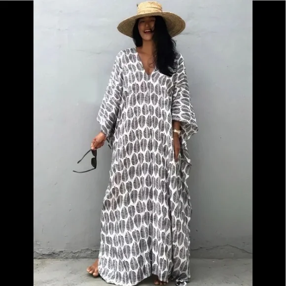 Grays Feather Foil Leaf Bohemian Gypsy Kaftan With Side Slit, Leaf Print - Picture 7 of 7